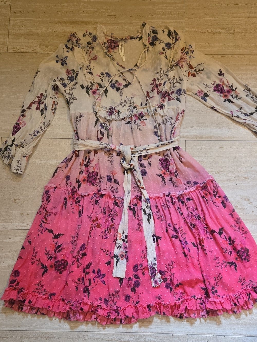 Anthropologie Pink/Cream Dip-Dyed Ombre Floral Sheer Midi Tie Waist Boho Dress